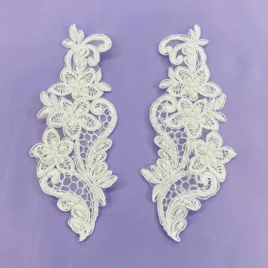 1 Pair Beaded Lace Applique Embroidered on 100% Polyester Organza 7" x 2.5" Each Side Sage {5}