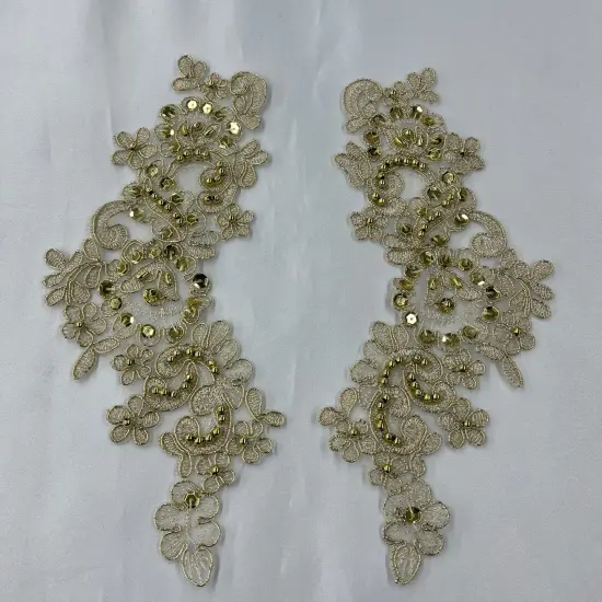 1 Pair 9" x 3" Each Side Beaded & Corded Floral Lace Applique Organza Jade Color {5}