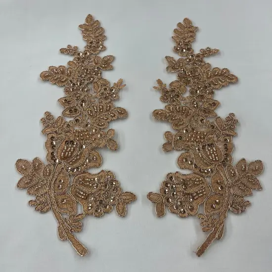 1 Pair Beaded & Corded Floral Lace Applique 100% Polyester Net Mesh 12" X 3.5" Each Side Rose Gold Color {1}