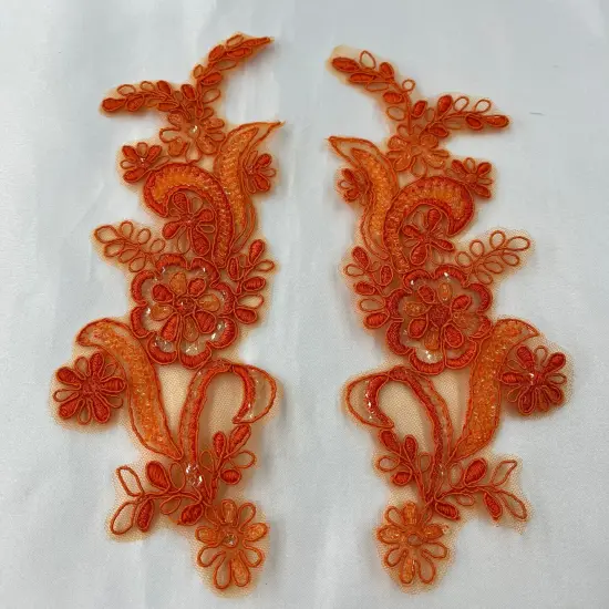 1 Pair Beaded & Corded Floral Lace Applique 9" x 2.5" Each Side orange {1}