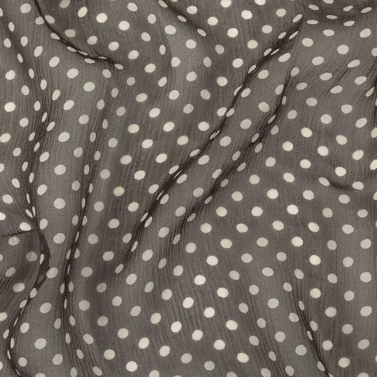 1 Yard Charcoal & Cannoli Cream Polka Dotted Silk Chiffon 50" Wide Crinkled Fabric for Dresses {1}