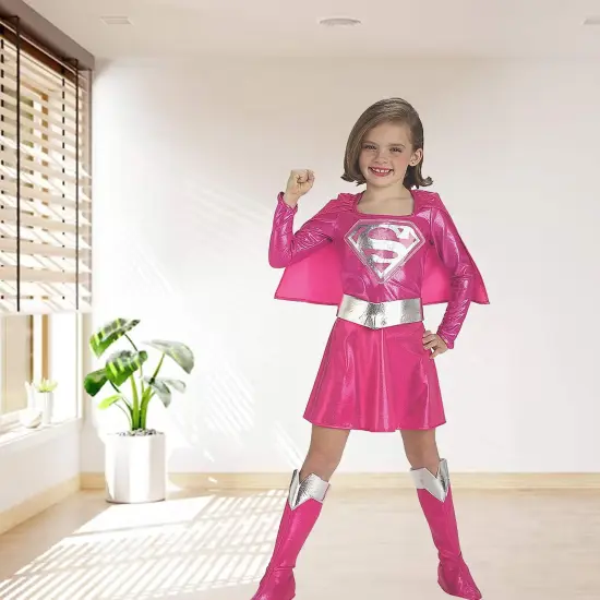 Girls Pink Supergirl Costume Dress with Cape Belt and Boot Tops Included {1}