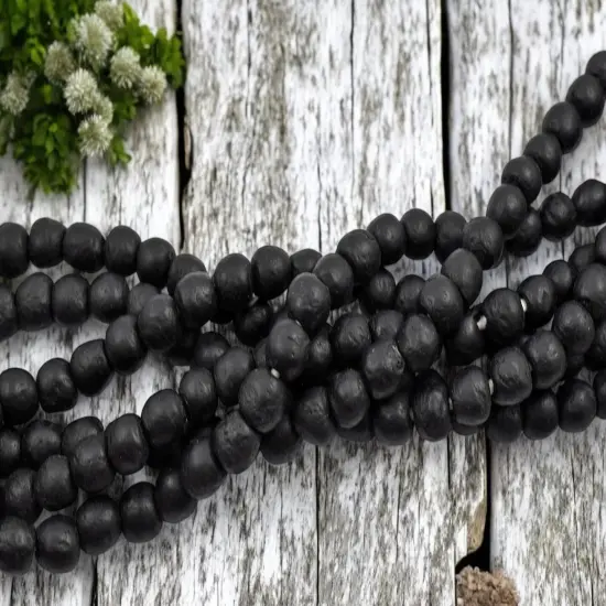 10-11mm Jet Black African Recycled Glass Beads (20" Strand) {4}