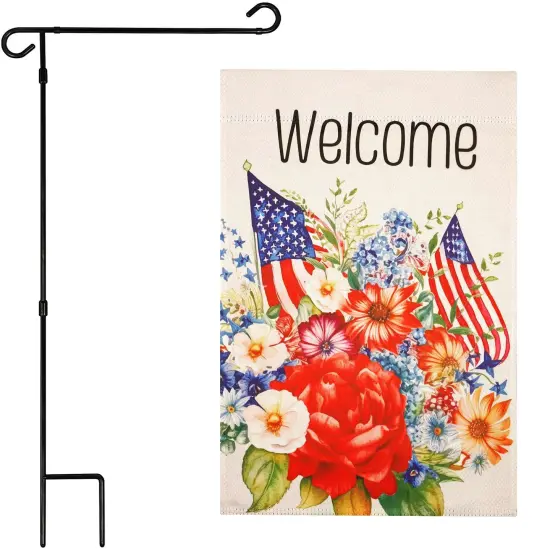 G128 Combo Pack Garden Flag Stand Black 36x16IN & Garden Flag Welcome American Flag Flowers Printed 12x18IN Double Sided Yard Garden Lawn Decoration {1}