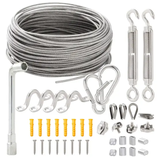 82-Foot Outdoor Light Hanging Kit with 2mm Vinyl-Coated Stainless Steel Rope and Mounting Hardware Silver {1}