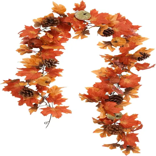 6FT Fall Garland, Fall Maple Leaf Garland Decor with Velvet Pumpkin {1}