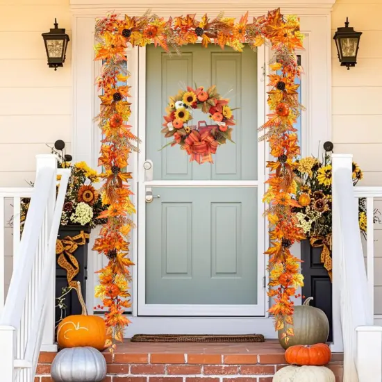 6ft Fall Maple Leaves Garland with Fern, Willow Stems, Berry, Pumpkins, pinecones {4}