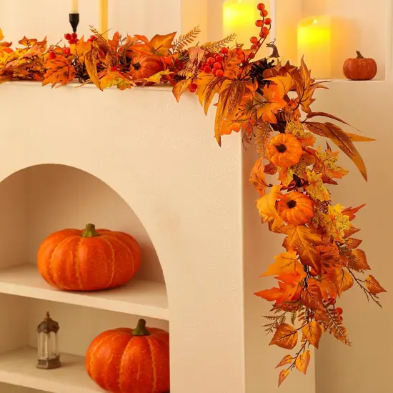6ft Fall Maple Leaves Garland with Fern, Willow Stems, Berry, Pumpkins, pinecones {6}