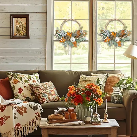 2PCS 16inch Wood Beads Fall Wreath Eucalyptus Berries Pumpkins Lamb Ears Leaves {2}