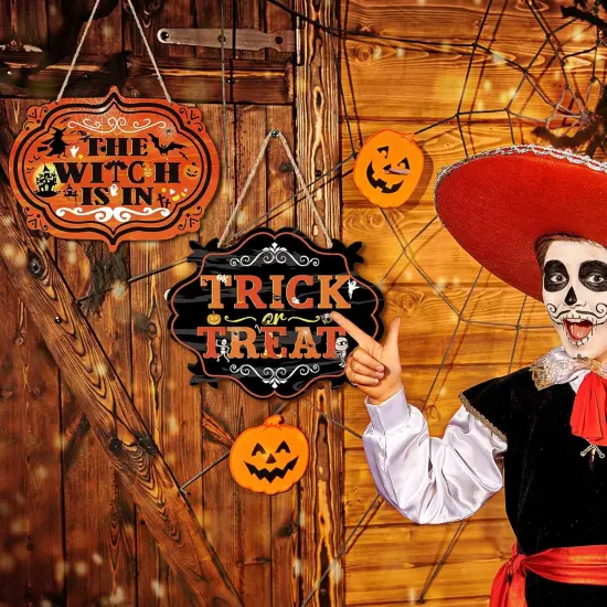 Trick or Treat & The Witch is in Hanging Sign Halloween Wreath Sign - 2 PCS {3}