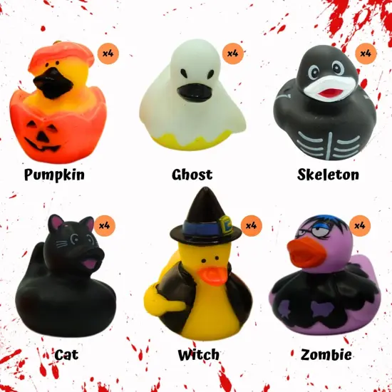4E's Novelty Halloween Rubber Ducks Bulk 24 Pack &ndash; 6 Designs Pumpkin, Cat, Zombie, Witch, Skeleton & Ghost &ndash; 2.5" Halloween Party Favors, Goodie Bag Fillers, Jeep Ducking, Trick or Treat Toys {4}