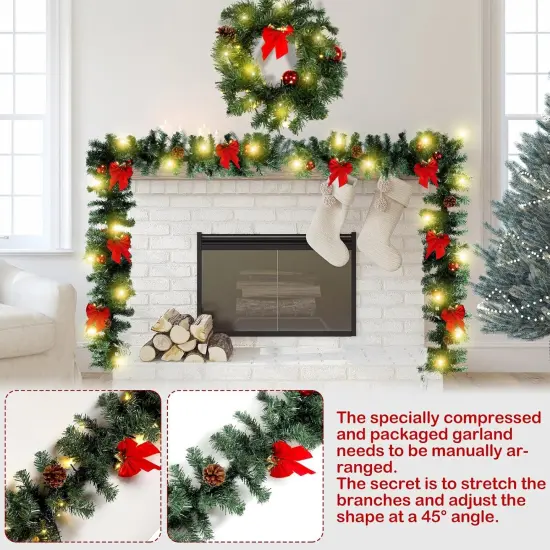 15ft Outdoor Christmas Garland with 100 Warm LED Pre-lit Artificial Christmas Garlands Decor Green Frosted {3}