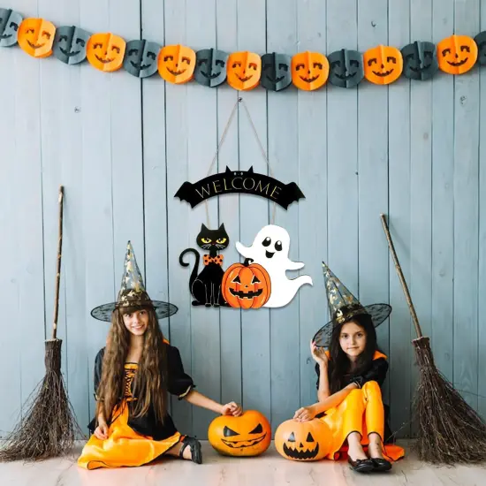 Halloween Decoration Wooden Ghost Door Wreath - Cat Pumpkin {5}