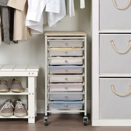 Wooden Top Compact Rolling Storage 8 Drawers Organizer Mobile Utility Cart White {3}