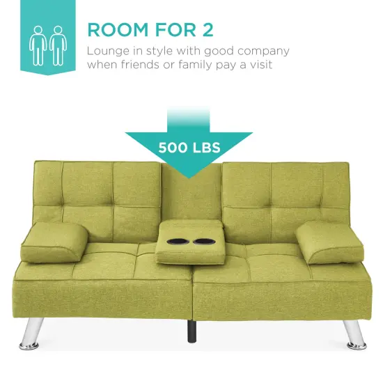 Best Choice Products Modern Linen Convertible Futon Sofa Bed w/ Removable Armrests, Metal Legs, Cupholders Chartreuse {3}