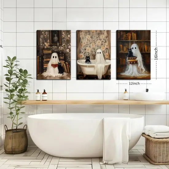 3 Piece Halloween Ghost Canvas Wall Art - 12x16 Inch {3}