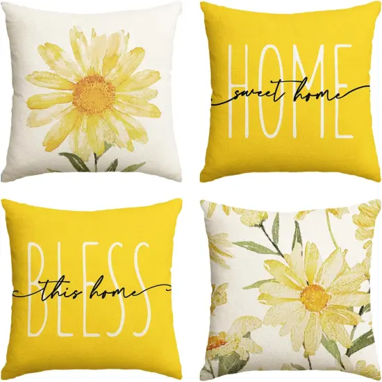 colorlife Home Sweet Home Spring Summer Flowers Yellow Throw Pillow Covers, 18 x 18 Inch Cushion Case for Sofa Couch Set of 4 {1}