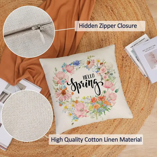 Hello Spring Pillow Covers 18x18 Set of 4 Floral Throw Pillow Covers Spring Summer Decorative Cushion Covers Truck Biycle Flower Pillow Cases for Home Sofa Couch Outdoor Decor (18 by 18) {3}