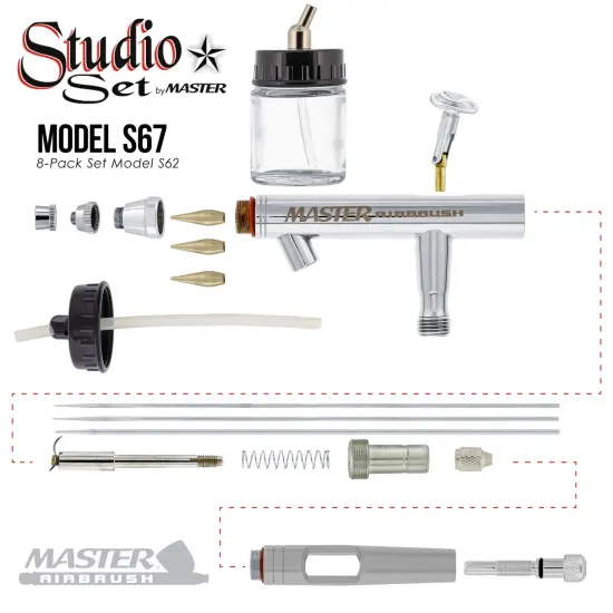8 Master Hi-Flow S62 Dual-Action Siphon Feed Airbrushes with 0.5 mm Tips, 3/4 oz. Bottles, Cutaway Handles & Storage Case {3}