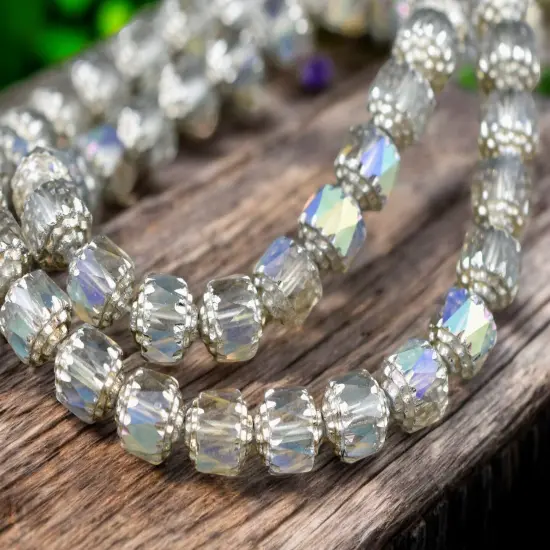 Silver Washed Smoke Apollo AB Fire Polished Cathedral Beads {4}