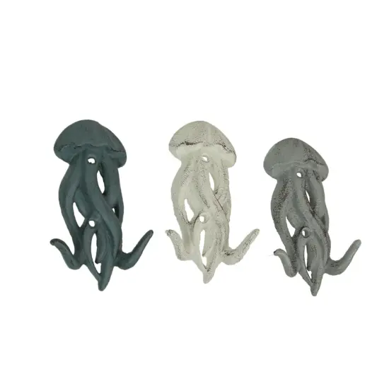 Set of 3 Cast Iron Jellyfish Wall Hooks 5 Inches High - Blue , Gray, White {1}