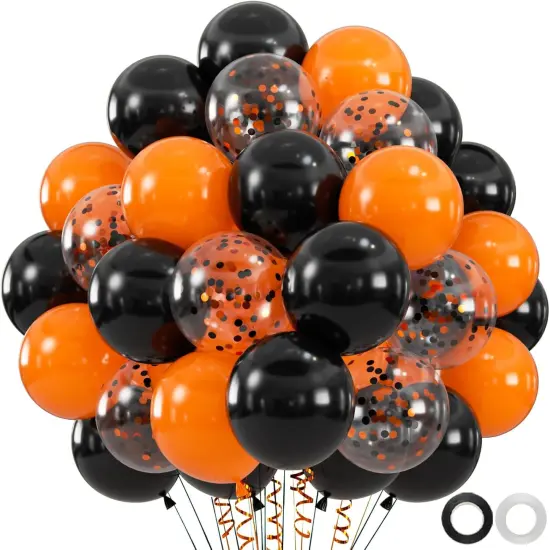 60pcs Black Orange Balloons, 12 inch Orange and Black Confetti Halloween {1}