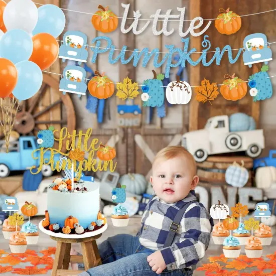 Little Pumpkin Baby Shower Decorations Boy, Blue Little Pumpkin Banner {4}