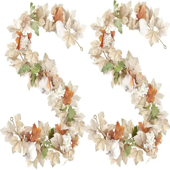 (2 PCS) -Fall Maple Leaf Garland with White Pumpkins Clusters {1}