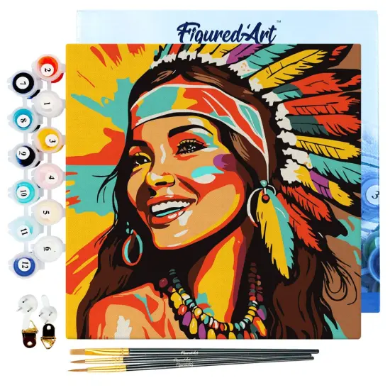 Figured'Art Mini Paint by Numbers Kit for Adults with Frame Native Elegance Lady Pop Art Small format 8"x8" - Craft Art Painting DIY Canvas Already Stretched on a Wooden Frame {1}