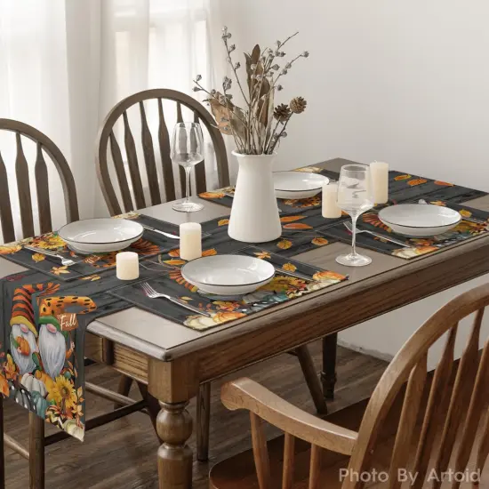 Set of 4 Gnomes Pumpkins Fall Placemats - 12x18 Inch (Black) {5}