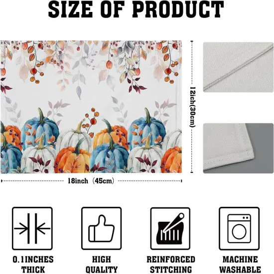 Set of 4 Autumn Pumpkins Leaves Fall Placemats - 12x18 Inch {3}