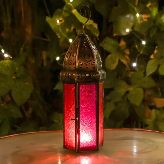 In the Breeze 9213 — Pink & Red Large Hex Tealight Lantern — Moroccan-Style Boho Chic Tealight Glass and Metal Tabletop Lantern {3}
