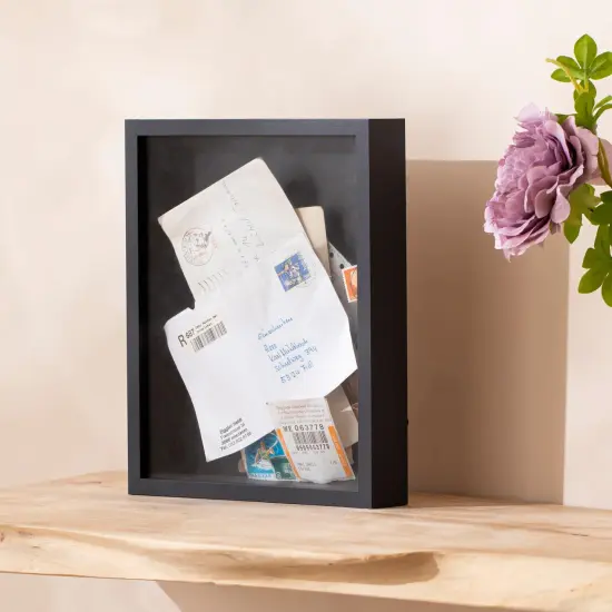 8x10 Inch Shadow Box with Real Glass Cover and Top Slot, Display Case Frame for Tickets, Flower, Pictures, Black {3}