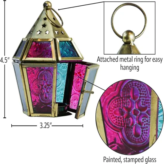 In the Breeze 9206 &mdash; Teal & Pink Mini Hex Tealight Lantern &mdash; Moroccan-Style Boho Chic Tealight Glass and Metal Tabletop Lantern {5}