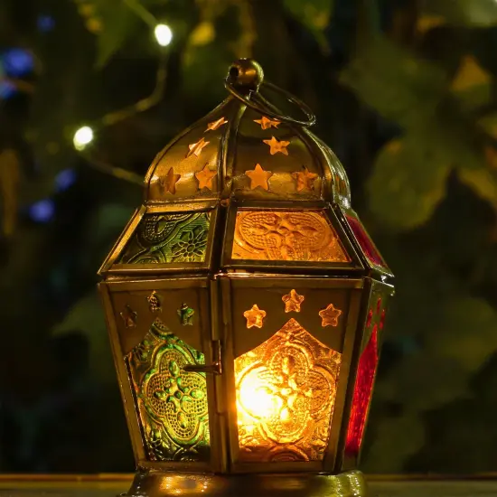 In the Breeze 9211 &mdash; Red, Yellow & Green Hex Tealight Lantern &mdash; Moroccan-Style Boho Chic Tealight Glass and Metal Tabletop Lantern {3}