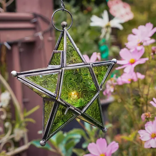 In the Breeze 9218 — Green 5-Point Star Tealight Lantern — Moroccan-Style Boho Chic Glass and Metal Tealight Hanging Lantern {2}