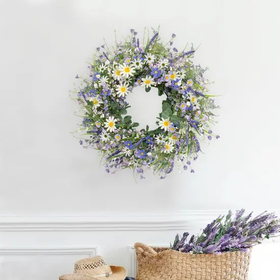 22 Inches Spring Wreaths for Front Door Blue Spring Floral Wreath Summer Wreath with Daisy Lanvender {3}