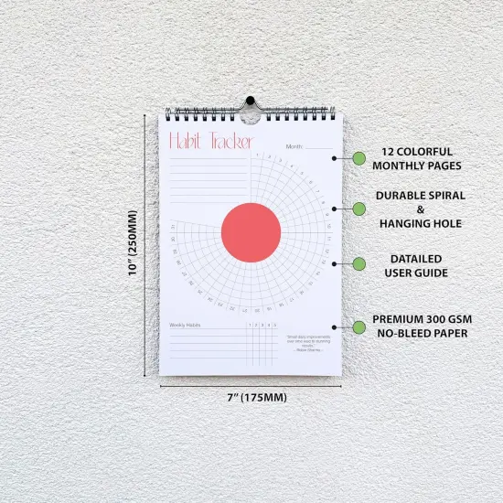 Habit Tracker Calendar (Undated 12 Month) with Silver Spiral Bound and Hanger, 7"x10" Habit Planner, Daily Weekly and Monthly Habit Tracker Journal, Habit Calendar, Colorful Layout. {2}