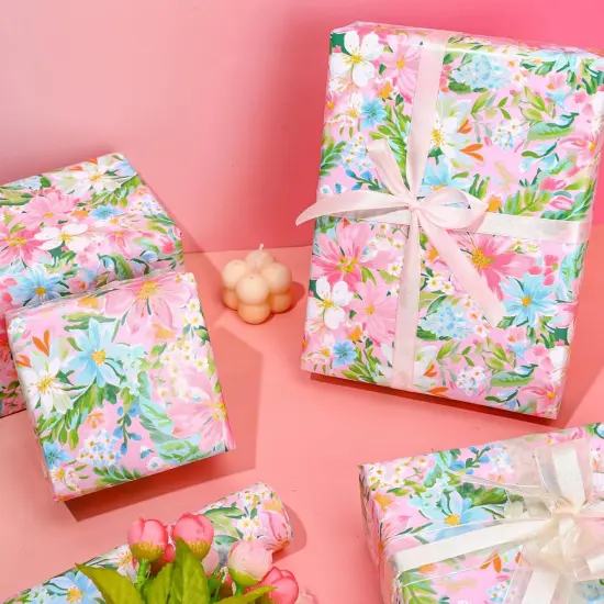 Spring Floral Wrapping Paper - Mini Roll - 17 In x 32.8 Ft Watercolor Pink Flower Gift Wrap Paper for Wedding Birthday {3}
