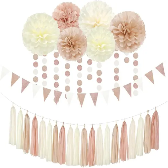 23pcs Fall Rustic Neutral Bridal Wedding Paper Tissue Pom Poms Streamers {1}