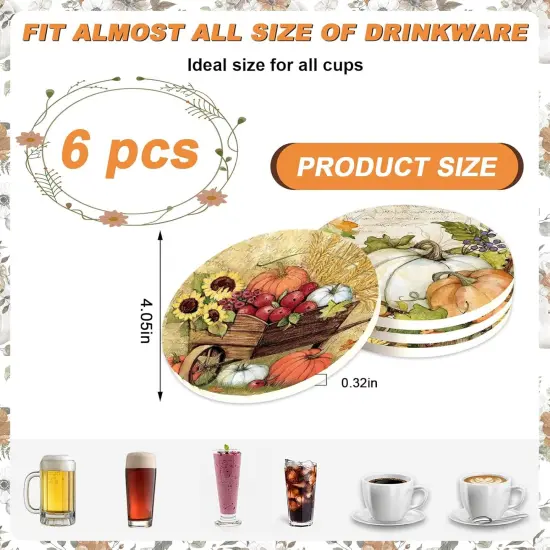 6Pcs Fall Ceramic Coasters with Holder Pumpkin Truck Sunflower {2}