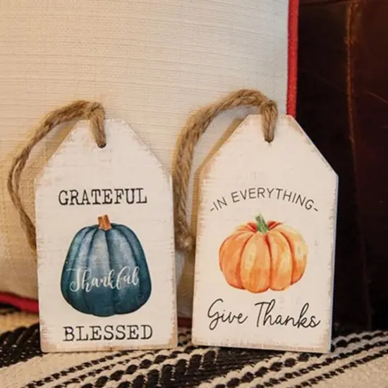 Rustic Autumn Wooden Tags with Pumpkin Graphics and Gratitude Quotes Jute Rope Hanging Tags 2 Asstd. {4}