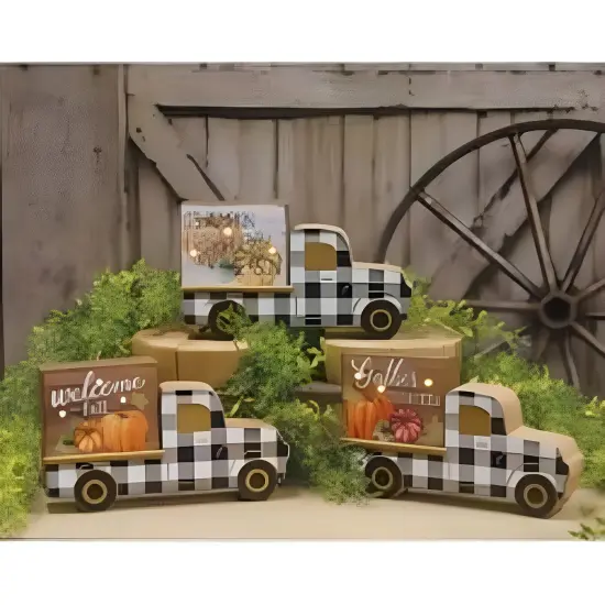 Multi Color Wood LED Harvest Truck Decor with Pumpkins and Fall Phrases 3 Asstd. {2}