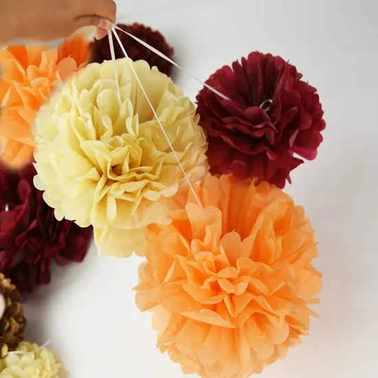 Fall Party Decorations - Burgundy Champagne Orange Tissue Pom Pom Banner {4}