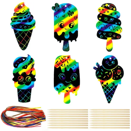 Wrapables 36pc Rainbow Scratch Arts Ornaments, DIY Magic Scratch Arts and Crafts, Ice Cream {1}