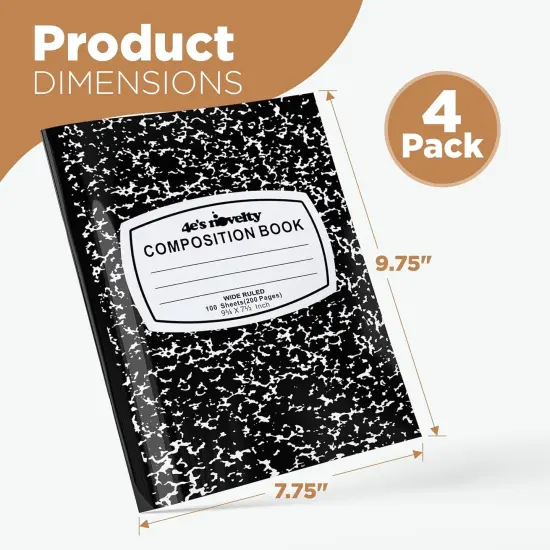 4E's Novelty Wide Ruled Composition Notebooks [4 Pack] Hard Cover 100 Sheets 9.75" x 7.5" - Black Marble Bulk Compositon Book Wide Ruling, Back to School Supplies For Students Boys Girls & College {2}