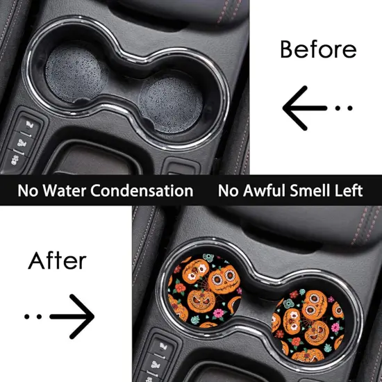 2 Pack Absorbent Ceramic Car Cup Holder Coasters for Drinks,Halloween Spider Web Pumpkin {4}