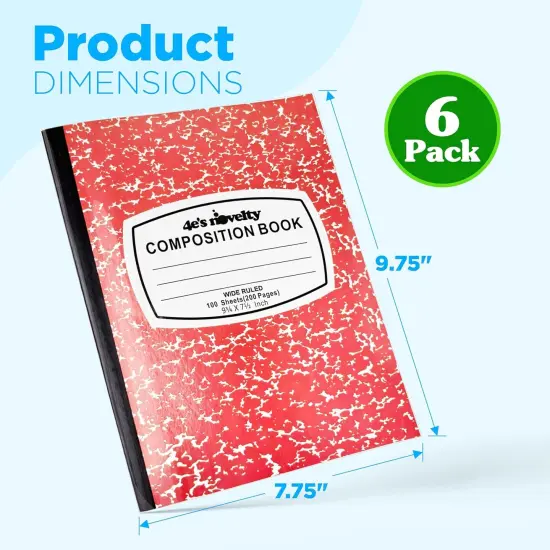 4E's Novelty Wide Ruled Composition Notebooks - Pack of 6- Hard Cover 100 Sheets 9.75" x 7.5" - Red Blue Green Cute Marble Colors, Bulk Compositon Book Wide Ruling, Back to School Supplies {2}