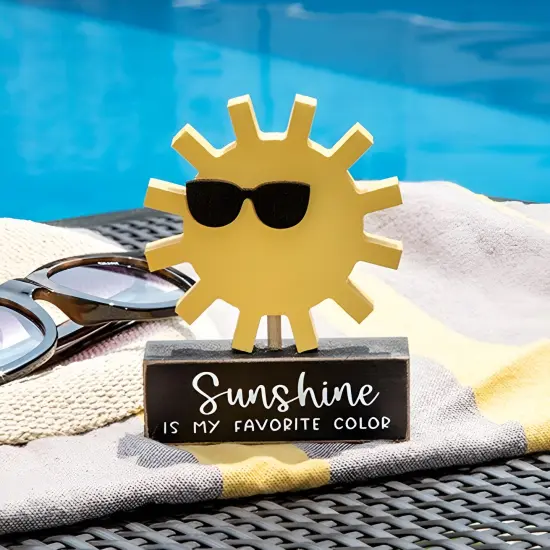 Sunshine Is My Favorite Color Wooden Sitter Bright Yellow Sunshine Figurine with Sunglasses on Black Base {2}