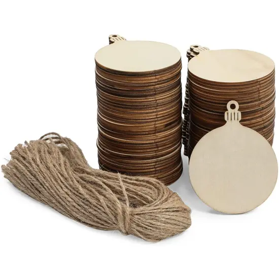 Bright Creations 80 Pack Unfinished Wood Circle Christmas Tree Ornaments for Crafts, Festive Wooden Round Decorative Hanging Ornaments for the Xmas Holidays (2.7 x 3.5 x 0.1 inch) Brown {1}